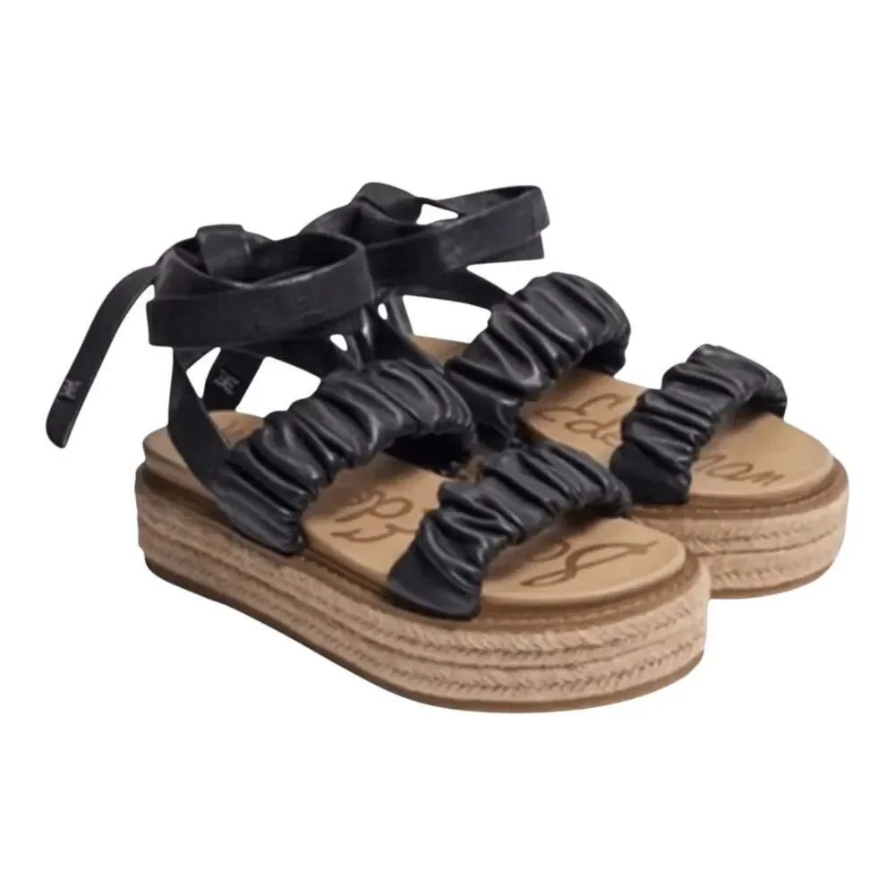 SAM EDELMAN Kerin Black Leather Wraparound Ankle Espadrille Platform Sandals Siz